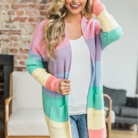 NEW! Cozy Rainbow ColorBlock Fuzzy Knit Cardigan - Picture 4 of 5